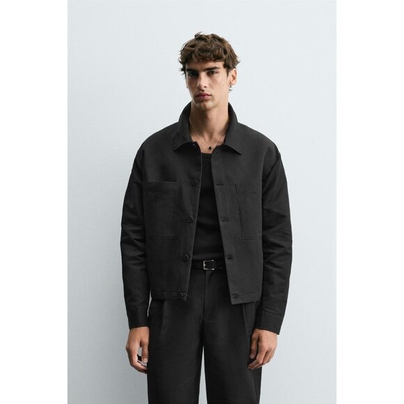 Zara Other - Zara Mens Overshirt Jacket L Black Relaxed Cotton Linen Collared 0706/280 NWT